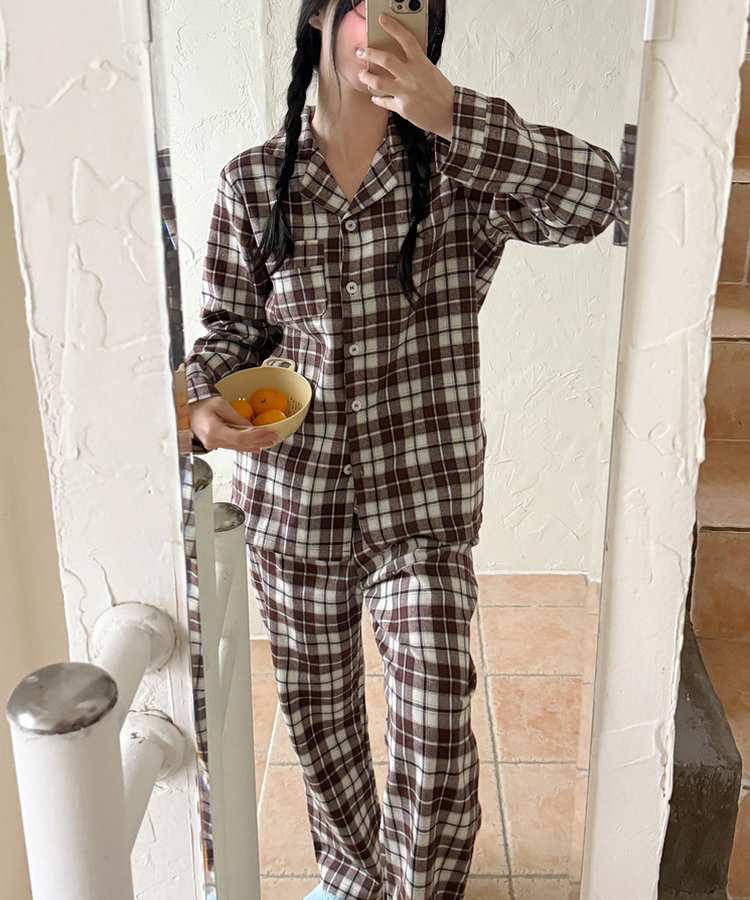 【SET】キルティングチェックパジャマ BROWN