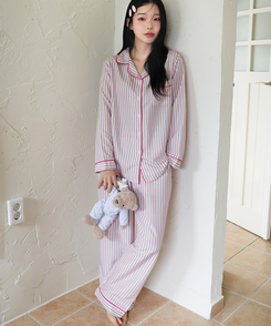 【SET】バイカラーストライプパジャマ PINK