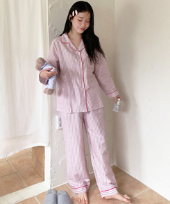 【SET】バイカラーストライプパジャマ PINK