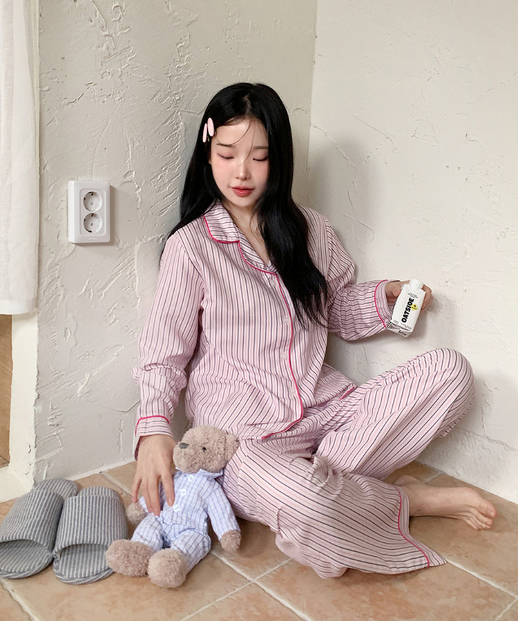 【SET】バイカラーストライプパジャマ PINK