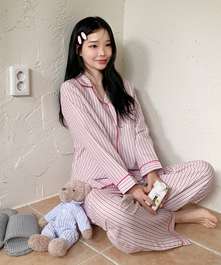 【SET】バイカラーストライプパジャマ PINK