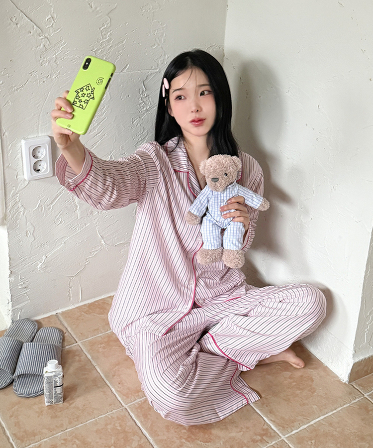 【SET】バイカラーストライプパジャマ PINK