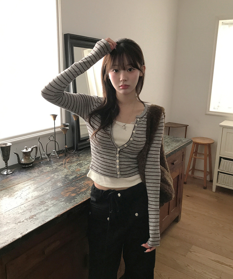 【SET】レイヤードカーディガン スリーブレス GREY