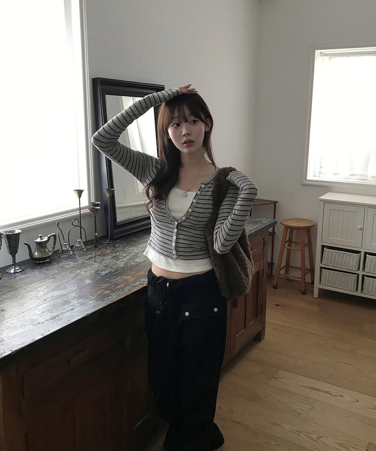 【SET】レイヤードカーディガン スリーブレス GREY