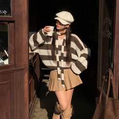 【マフラー付き】ストライプニット BROWN