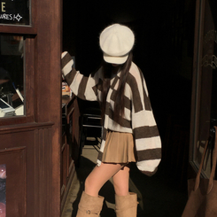 【マフラー付き】ストライプニット BROWN