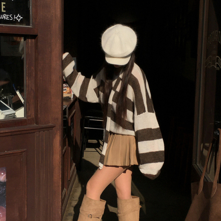 【マフラー付き】ストライプニット BROWN