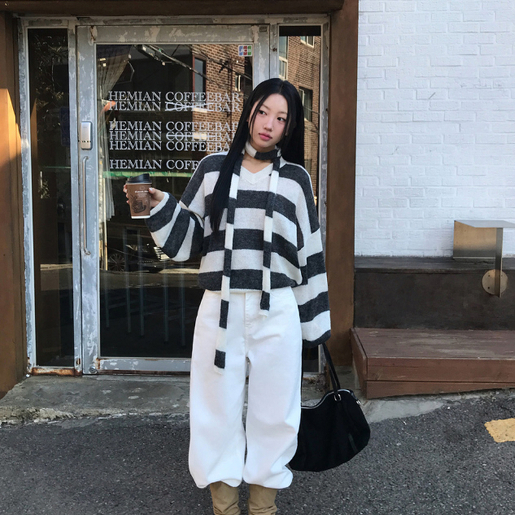 【マフラー付き】ストライプニット CHARCOAL