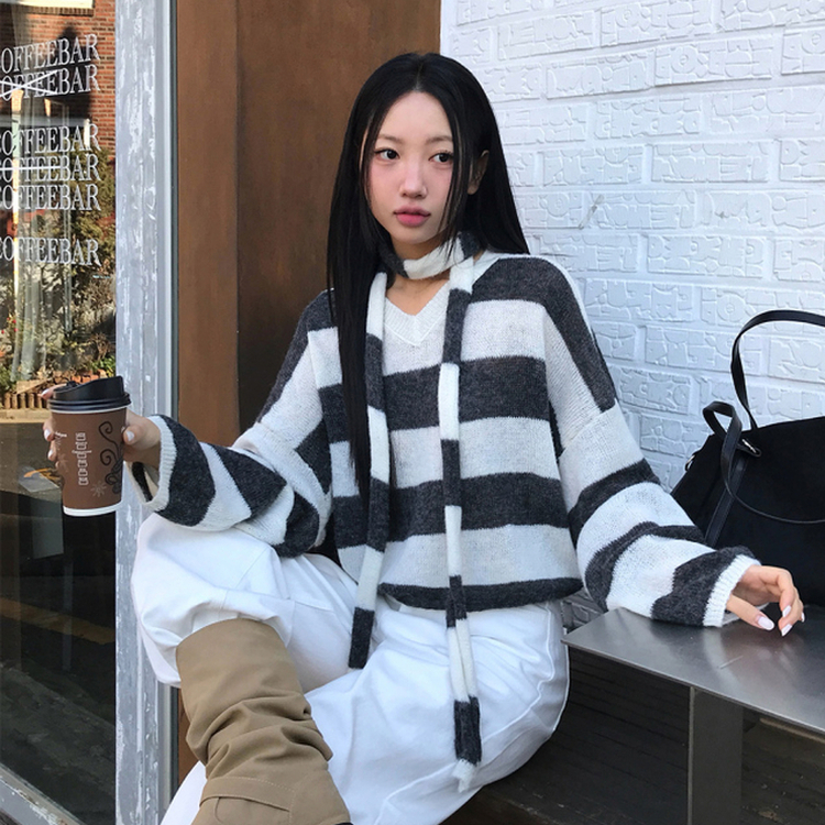 【マフラー付き】ストライプニット CHARCOAL