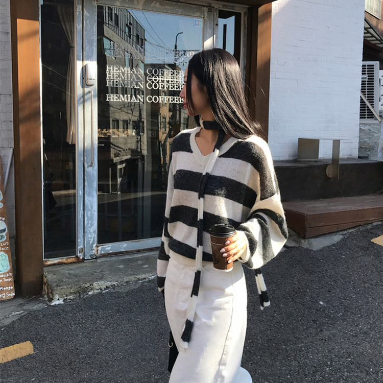 【マフラー付き】ストライプニット CHARCOAL