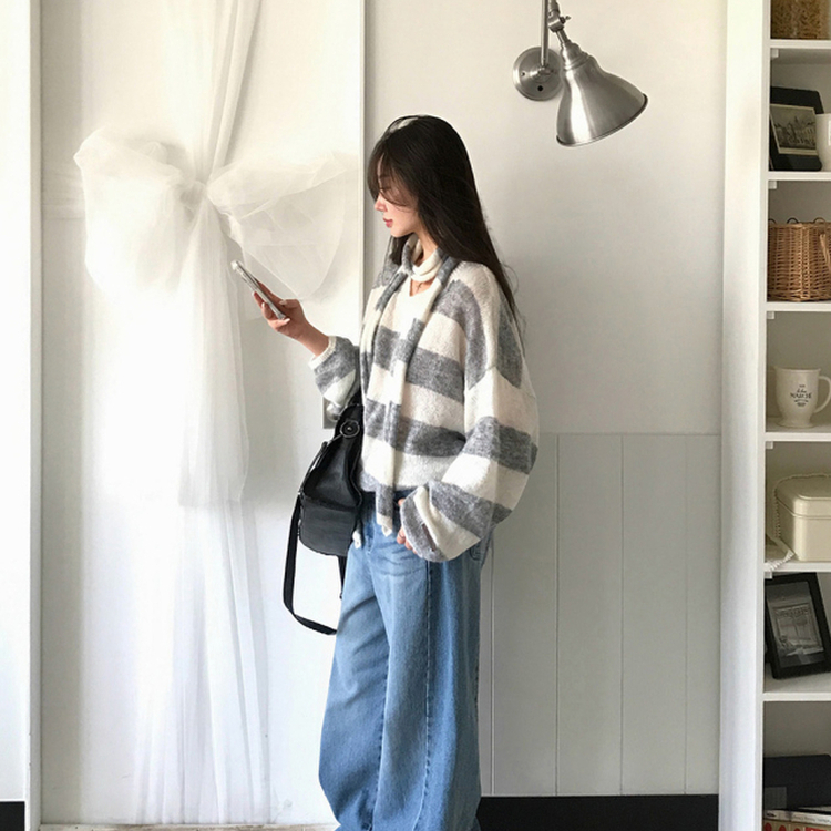 【マフラー付き】ストライプニット GREY