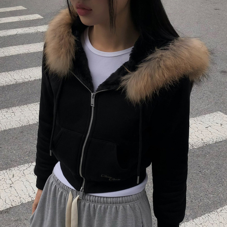 フードファーフードジップアップ BLACK