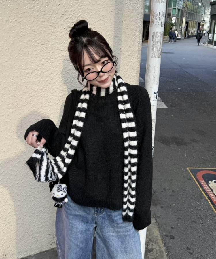 (머플러SET)브로치 라운드 니트 블랙