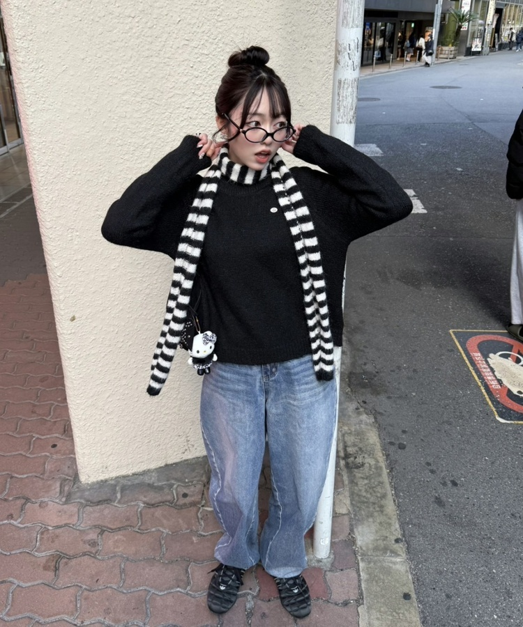 (머플러SET)브로치 라운드 니트 블랙