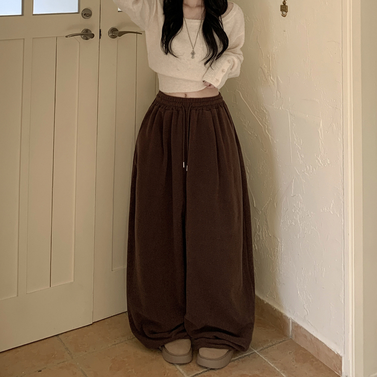 【起毛】ウールボアピンタックワイドトレーニングパンツ(5color) BROWN