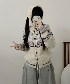 フラワーノルディックラウンドニットカーディガン WHITE