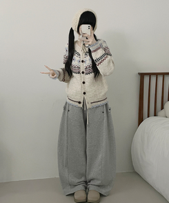 フラワーノルディックラウンドニットカーディガン WHITE