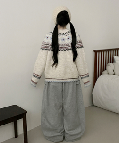 フラワーノルディックラウンドニットカーディガン WHITE