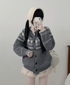 フラワーノルディックラウンドニットカーディガン CHARCOAL