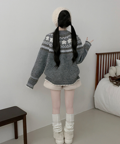 フラワーノルディックラウンドニットカーディガン CHARCOAL