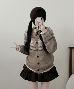 フラワーノルディックラウンドニットカーディガン BEIGE