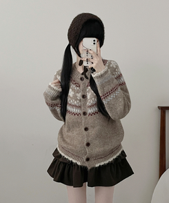 フラワーノルディックラウンドニットカーディガン BEIGE