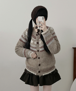 フラワーノルディックラウンドニットカーディガン BEIGE