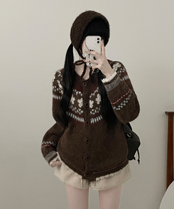 フラワーノルディックラウンドニットカーディガン BROWN