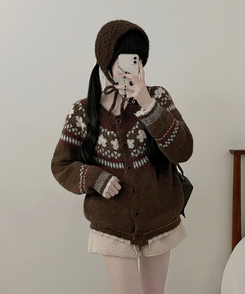 フラワーノルディックラウンドニットカーディガン BROWN