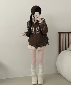 フラワーノルディックラウンドニットカーディガン BROWN