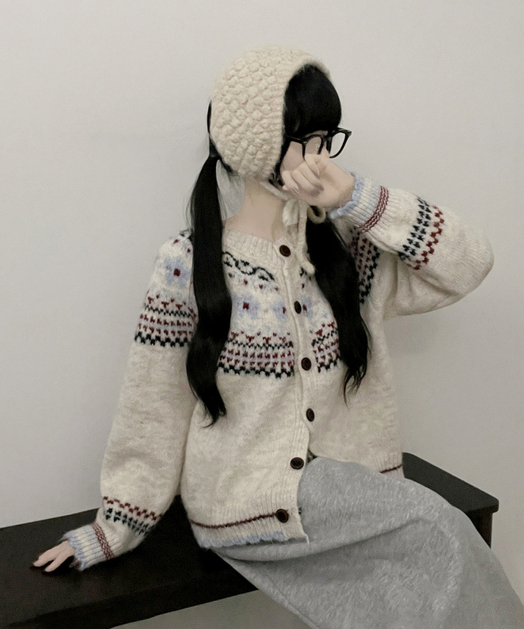 フラワーノルディックラウンドニットカーディガン WHITE