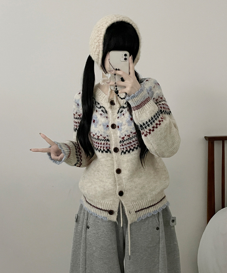 フラワーノルディックラウンドニットカーディガン WHITE