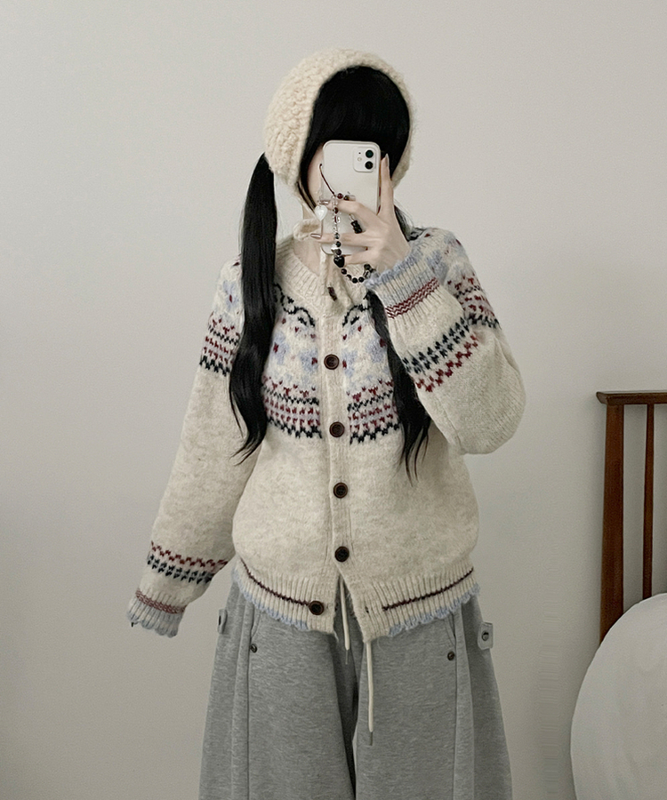 フラワーノルディックラウンドニットカーディガン WHITE