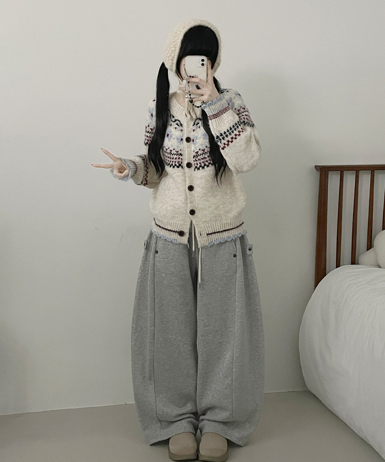 フラワーノルディックラウンドニットカーディガン WHITE