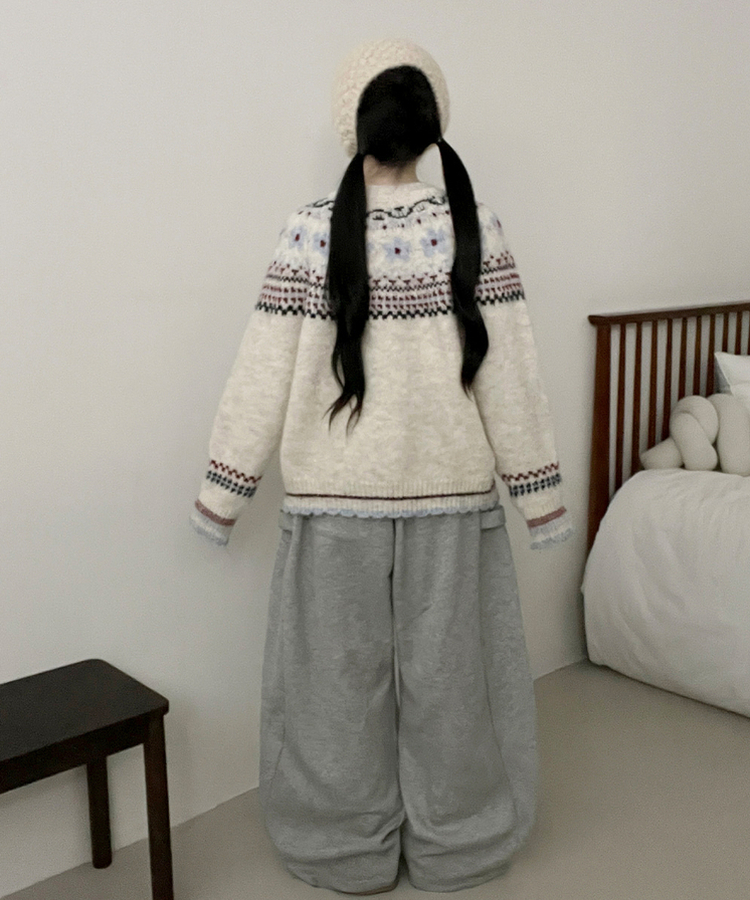 フラワーノルディックラウンドニットカーディガン WHITE