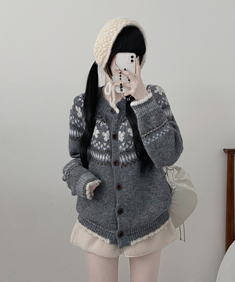 フラワーノルディックラウンドニットカーディガン CHARCOAL