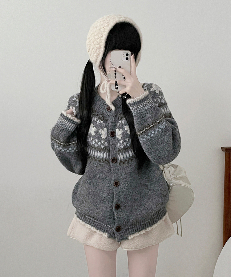 フラワーノルディックラウンドニットカーディガン CHARCOAL