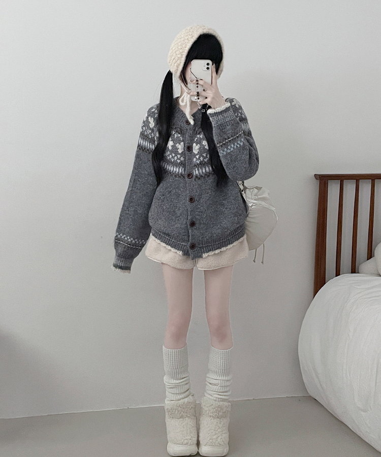 フラワーノルディックラウンドニットカーディガン CHARCOAL