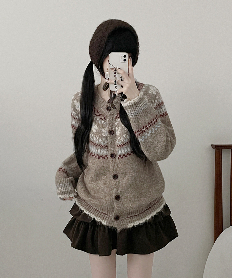 フラワーノルディックラウンドニットカーディガン BEIGE