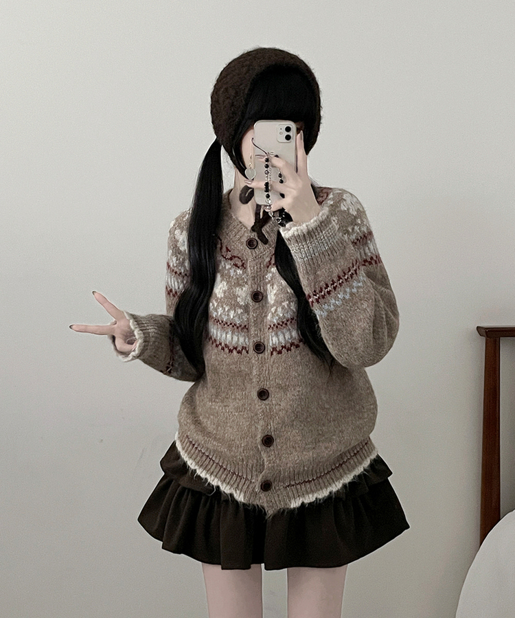 フラワーノルディックラウンドニットカーディガン BEIGE