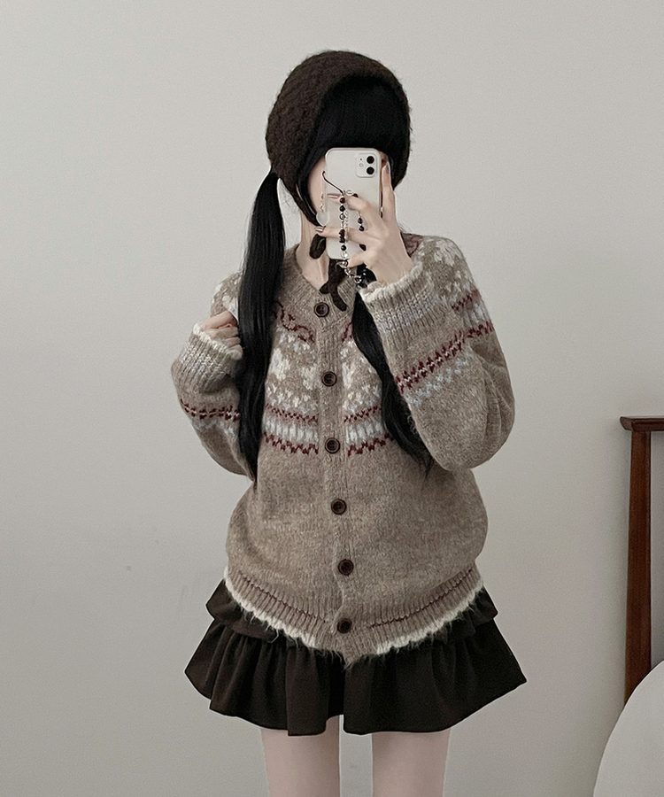 フラワーノルディックラウンドニットカーディガン BEIGE