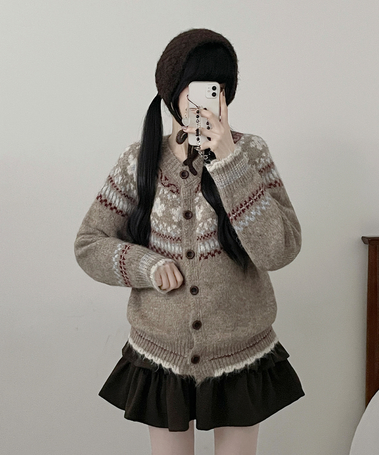 フラワーノルディックラウンドニットカーディガン BEIGE