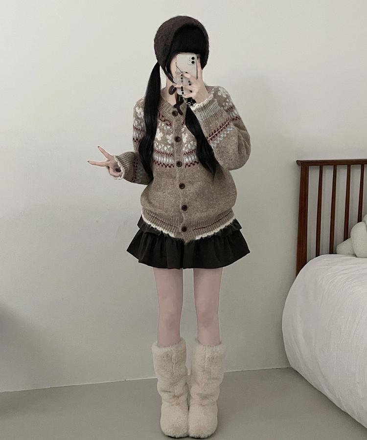 フラワーノルディックラウンドニットカーディガン BEIGE