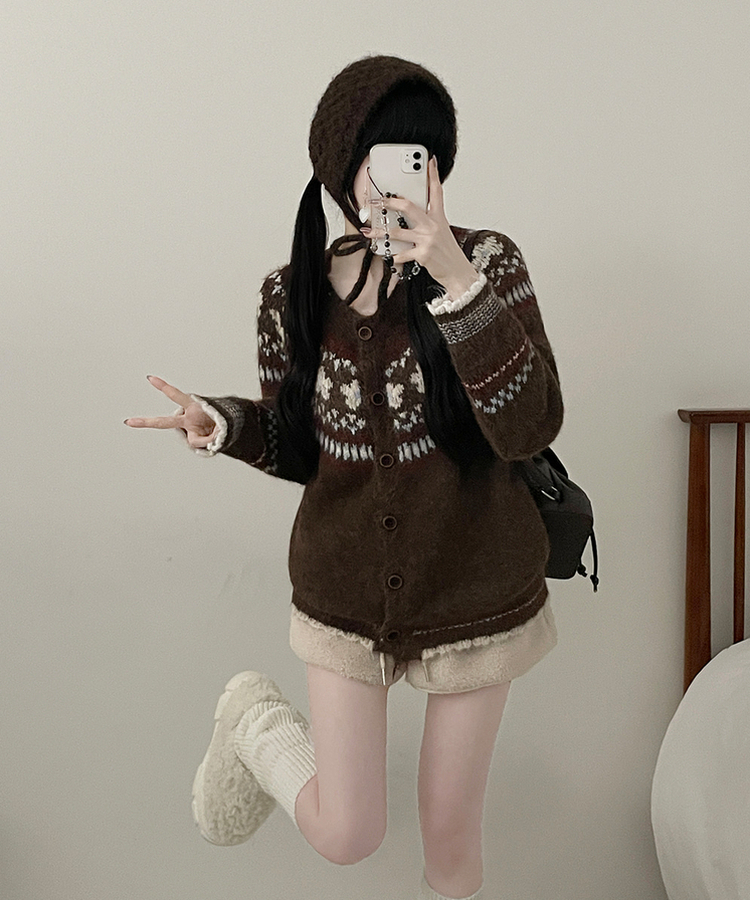 フラワーノルディックラウンドニットカーディガン BROWN