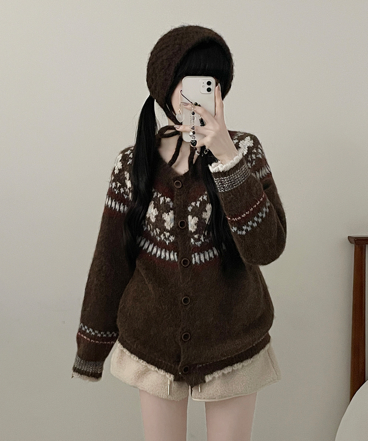 フラワーノルディックラウンドニットカーディガン BROWN