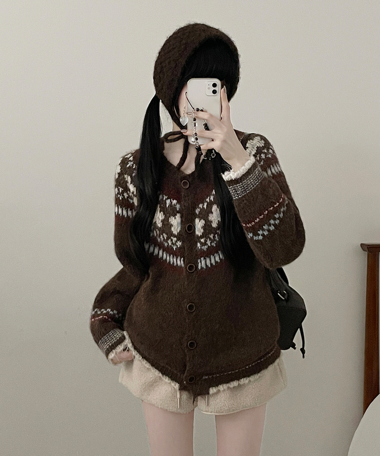 フラワーノルディックラウンドニットカーディガン BROWN