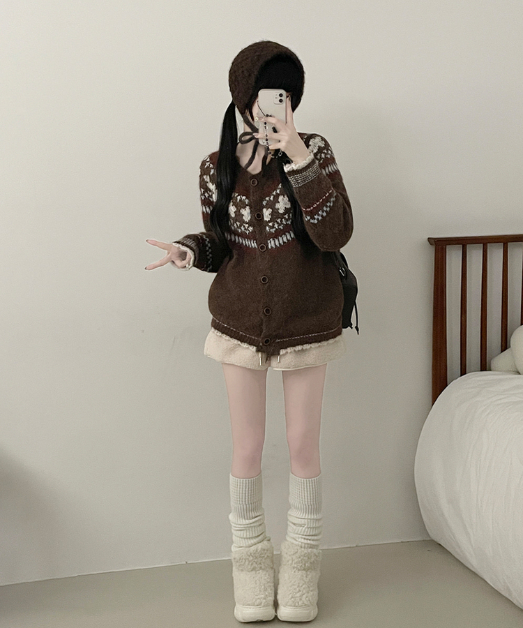 フラワーノルディックラウンドニットカーディガン BROWN