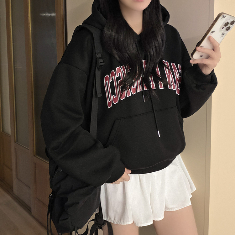 【起毛】サンフランシスコレタリングフードTシャツ BLACK