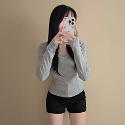 【起毛】Vネックスリットスリム無地長袖Tシャツ GREY