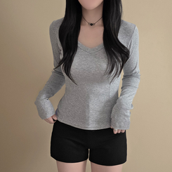 【起毛】Vネックスリットスリム無地長袖Tシャツ GREY